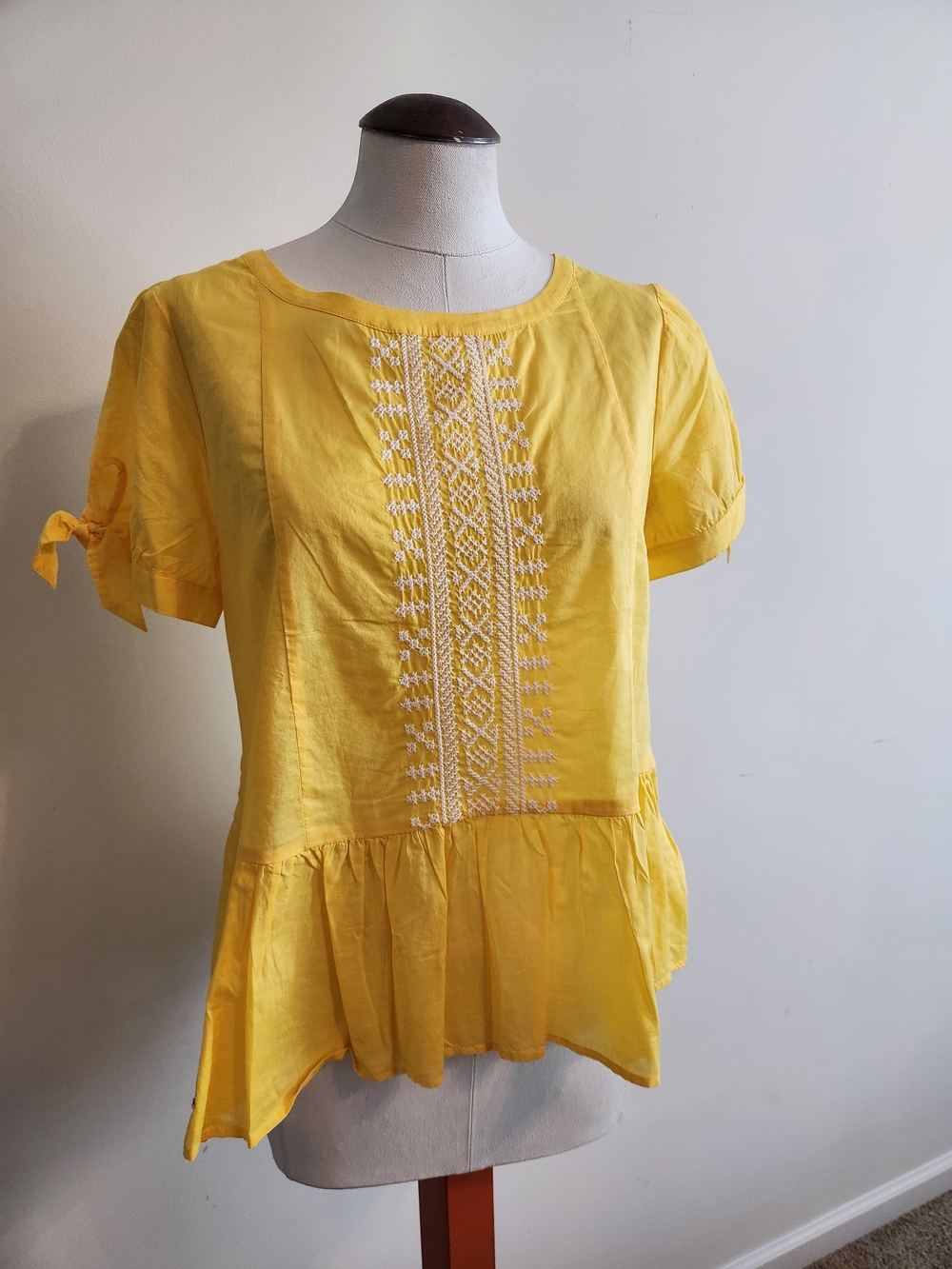 J. Crew Yellow Embroidered Peplum Top